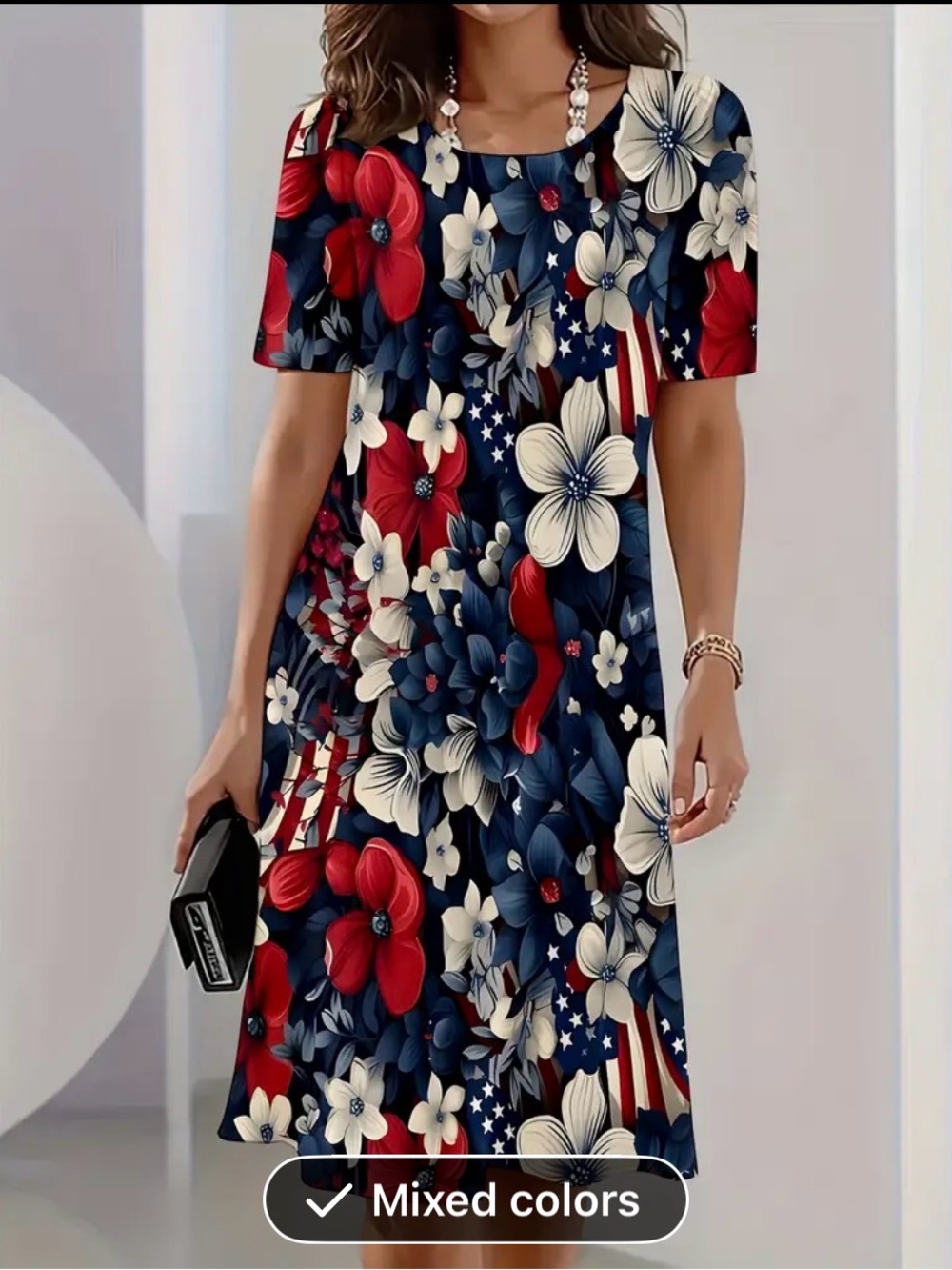 Floral American Flag Print Dress. Navy, Red & White Floral Midi Dress